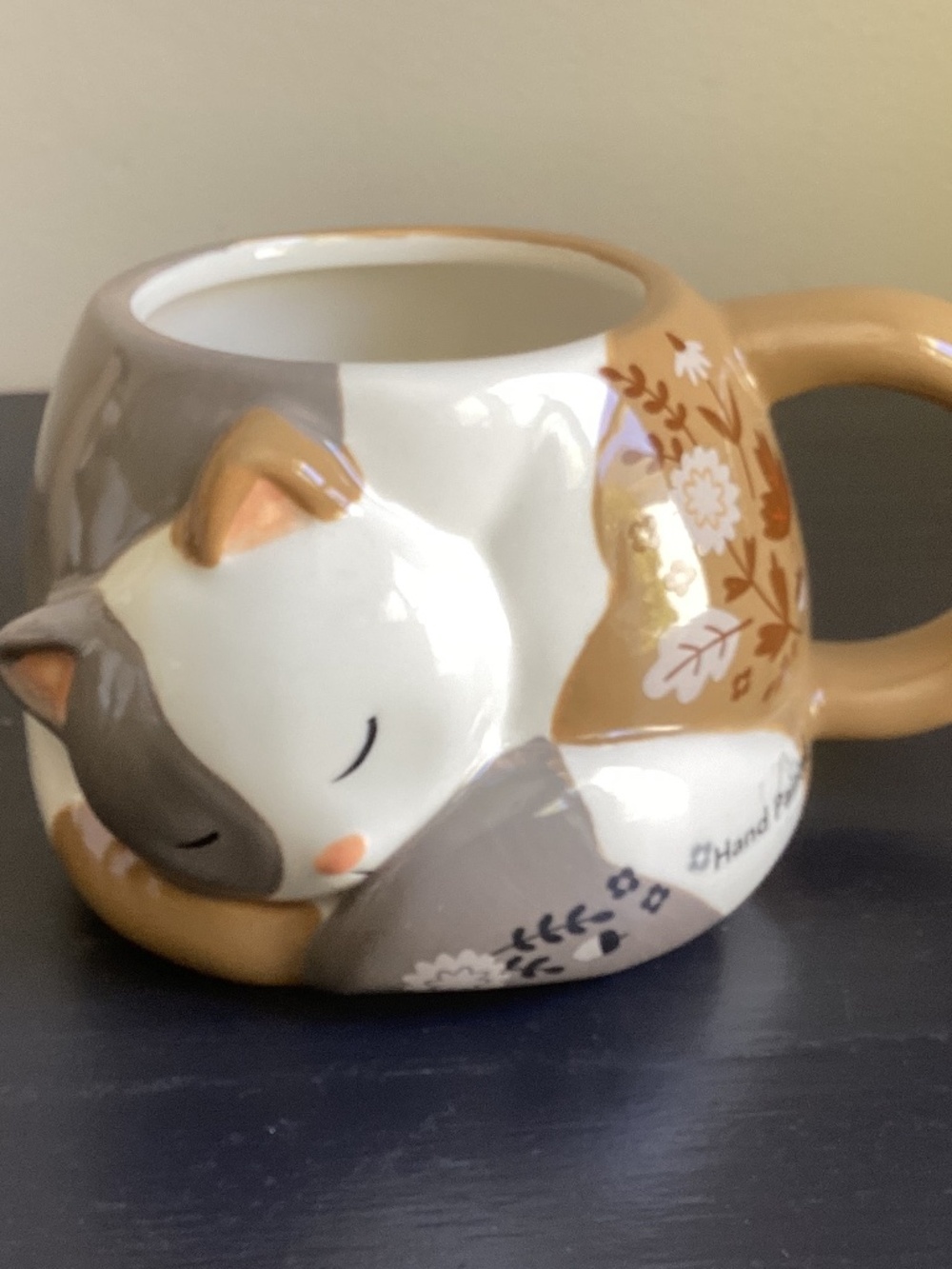 NWOT Handpainted Ceramic Sleeping Cat Coffee Mug Multicolor Handle 16oz